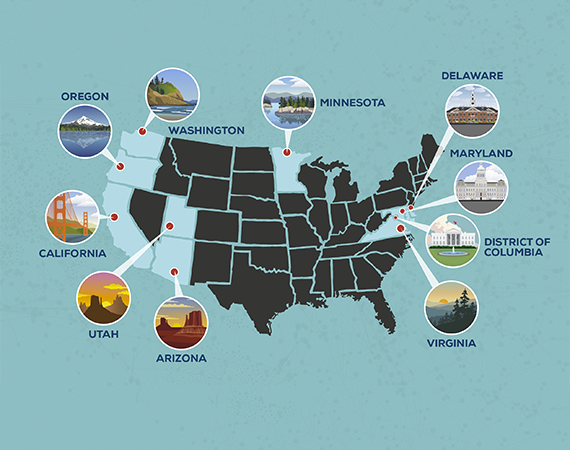Graphic showing ten friendliest states for online businesses