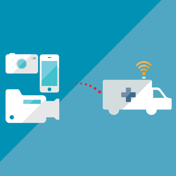 Illustrated graphic of camera, smartphone, and ambulance